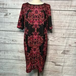 Chico's 3 XL Black Pink Paisley Printed Ponte 3/4 Sleeve Dress